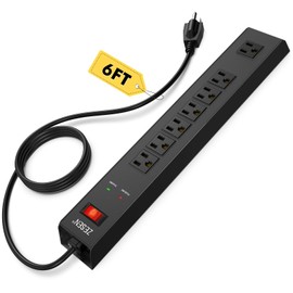 7 Outlet Metal Long Power Strip with Overload Protection 6ft Cord, Black