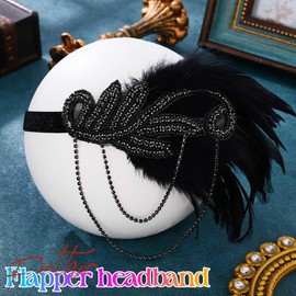 1920s Flapper Feather Headband Vintage 20s Headpiece Roaring 20S Hair Accessories for Women (Black, One size)