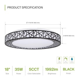 ASD 18 Inch LED Flush Mount Ceiling Light Fixture for Bedroom, 35W 1992LM 5CCT 2700K-5000K, Triac Dimmable Lights, Dining, Living Room, Kitchen Lamps, Modern Home Lighting Fixtures, Black, ETL