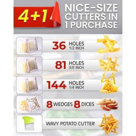 Ezcasch French Fry Cutter Commercial Potato Chopper Stainless Steel Vegetable Dicer Fruit Slicer for Onion,Cabbage,Carrots,Potato,Mushroom,with 4 Blades(1/4",3/8",1/2",8 wedge slice)