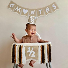 Saiories 1/2 Birthday High Chair Banner,Half Birthday Crown Hat,6 Months Banner Sign,1/2 Birthday Garland Baby Shower Birthday Party Decor White