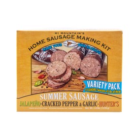 Hi Mountain Summer Sausage Seasoning Kit | VARIETY PACK: JALAPENO, CRACKED PEPPER & GARLIC & HUNTER'S BLEND | Includes 15 Casings, Seasoning, Cure | Beef, Pork, Venison, Deer | Makes up to 45 lbs