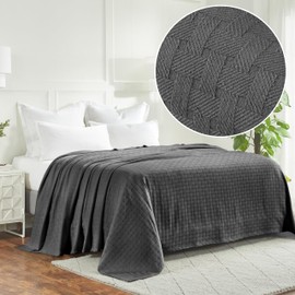 Superior Basketweave Cotton Blanket - Soft & Comfy Medium-Weight Cover for Bed, Bedding, Bedroom, Living Room Couch Throw, Lounging - Modern Boho Woven Design - King Size, Charcoal