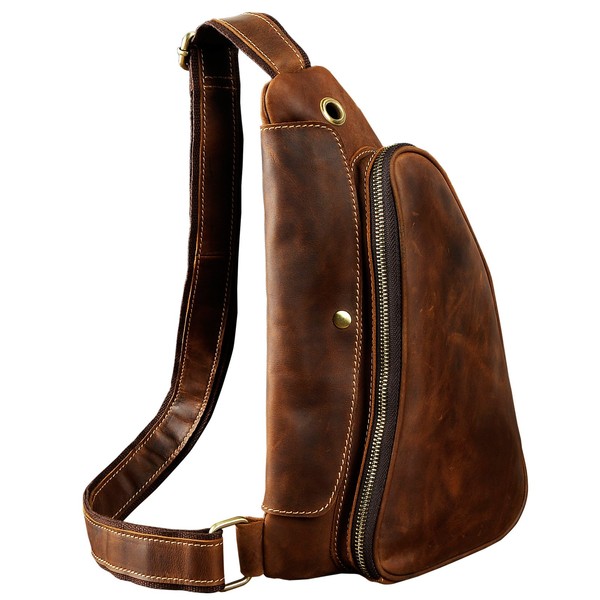 Le'aokuu Leather Sling Bag Cycling One Shoulder Strap Bag Backpack Waist Chest Bag Pack (1-9976 dark brown)