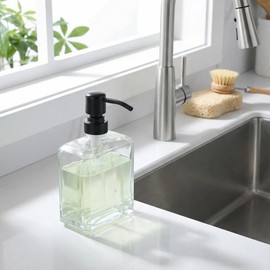 Kmeino Square Clear Glass Dish Soap Dispenser Set 2 Pack, Black Refillable Hand Soap Dispenser with Rust Proof Stainless Steel Pump 2 x 13.5 oz Lotion Dispenser for Bathroom Vanity Kitchen