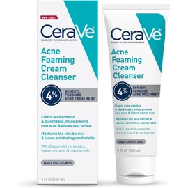 Limpiador en crema espumosa para acné CeraVe Jabón facial para tratamiento del acné con peróxido de benzoilo al 4%, ácido hialurónico y niacinamida Fórmula de crema a espuma 5 onzas