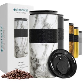 Elemental Artisan Insulated Tumbler, Triple Wall Coffee Travel Tumbler, Reusable Stainless Steel with Ceramic Lid, Thermal Coffee Cup for Hot (6 Hrs) & Cold (18 Hrs) 16oz - White Marble
