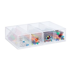 Relaxdays Plastic Drawer Box, H x W x D: 6 x 25 x 17.5 cm, Portrait and Landscape Format, Drawer Unit, 4 Compartments, Transparent