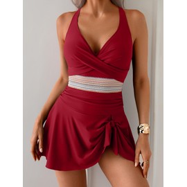 Aidonger Women One Piece Swimsuit V Neck Swimdress Color Block Bathing Suit Skirt Tummy Control Tie Back Swim Dress