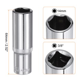 sourcing map 6-Point Socket 3/8" Drive 14mm Deep 2.52" Length 45# Steel Metric Square Drive Sockets Polishing Chromed Sockets for Car Repair Mechanical Maintenance Home Use