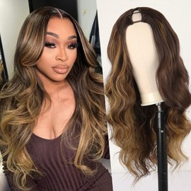 Mayouda V Part Long Body Wavy Wig Synthetic V Shap Wigs for Black Women Full Head Clip In Hair Glueless Synthetic Wigs Highlight Blonde (Brown With Blonde)