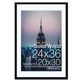 Frame Amo 24x36 Black Solid Wood Picture Frame with 19.5x29.5 White Mat Opening for 20x30 Image, 1 Inch Border, Acrylic Face