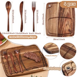 Hushee 16 Pcs Acacia Wooden Steak Serving Tableware Set Include 4 Wooden Steak Plates with Juice Channel 4 Knives 4 Forks 4 Spoons for Kitchen