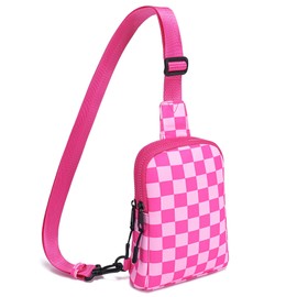 INICAT Mens Crossbody Bag Small Checkered Sling Bag for Women Nylon Cross Body bag for Woman Fanny Pack(Peach Pink)
