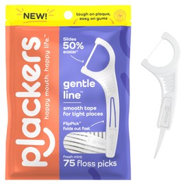 Plackers Gentle Line Floss Picks, Fresh Mint Flavor, Fold-Out FlipPick, QuickFix Grip, Easy Storage with Sure-Zip Seal, 75 Count