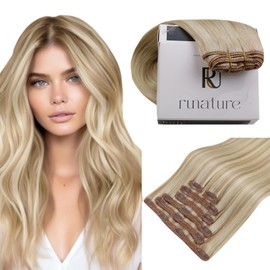 RUNATURE Blonde Clip in Hair Extensions Real Human Hair Clip in Extensions for Women, Soft Remy Real Hair Extensions Clip In Human Hair, 16 Inch 120g 7pcs, #18P60 Ash Blonde Highlights