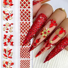 Charms Nail Rhinestones for Nail Art Flatback Design Red Nail Charms Multi Shape Diamonds Rhinestones Nail Gems Kawaii Nail Jewelry Daily DIY Acrylic Nail Decoration Accessories for Women Girls