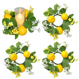 4Pcs Lemon Candle Rings Wreaths 3inch Center Decorative Greenery Candle Holder Rings with Flowers Spring Mini Wreaths for Pillar Wedding Farmhouse Front Door Wall Table Centerpiece Home Decorations
