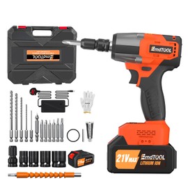1/2 Inch Chuck Cordless Impact Driver 800W Brushless Electric Wrench, 21V High Torque 550N.M, Led 2500RPM Speed, Work Light, Flexible Shaft, 4 Sockets, 12 Drill Set, Carry Case, Orange