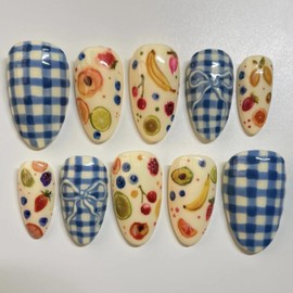 BABALAL Press on Nails Medium Almond Fake Nails Blue Bow Glue on Nails Yellow Fruit Print Acrylic Nails Summer False Nails 24Pcs Stiletto Full Cover Artificial Nails for Women Girls Handmade Nails
