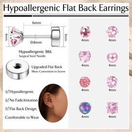 MILACOLATO Surgical Steel Earrings for Sensitive Ears 20G Flat Back Earrings for Women Men Small Stainless Steel Earrings Studs Cartilage Earring Opal Ball CZ Flatback Earrings Pink Tone