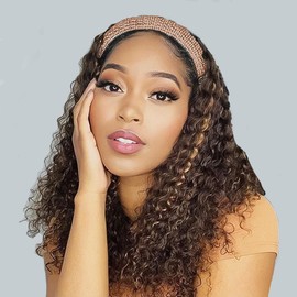 Maytune Ombre Curly Headband Wig Human Hair 4/27 Highlight Water Wave Headband Wigs for Black Women Human Hair 16 Inch Glueless Wear and Go Deep Wave Human Hair Wigs
