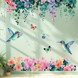 VePret Large Hanging Flowers Wall Decals Peel and Stick, Hummingbirds Butterflies Greenery Wall Stickers, Removable Vinyl Home Decor Art for Bedroom Living Room Classroom Office