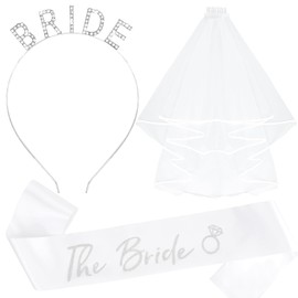 KICOSY Bride Headband and Sash Veil for Bachelorette Party Tiara Veil for Wedding Bridal Shower Hairband With Veil Bridal Sash Wedding Headpiece for Bride
