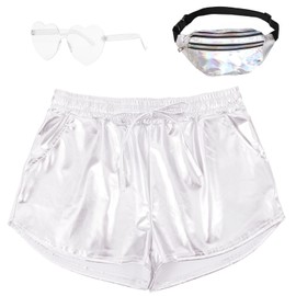 PARTTELY Metallic Shorts for Women Elastic Drawstring Shiny Hot Short Sparkly Rave Party Pants with Sunglasses and Fanny