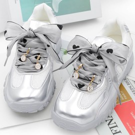 YJRVFINE Women Satin Shoe Laces: 1 Pair 55 Inch Grey Flat Snow Yarn Shoelaces with 4 White Charms