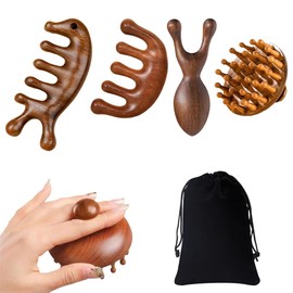4Pcs Sandalwood Head Massage Comb, Meridians Scalp Massage Wooden Massager Comb, Anti-Static, Wide Teeth, with Storage Bag, Gua Sha & Acupressure Therapy Tool for Head Scalp