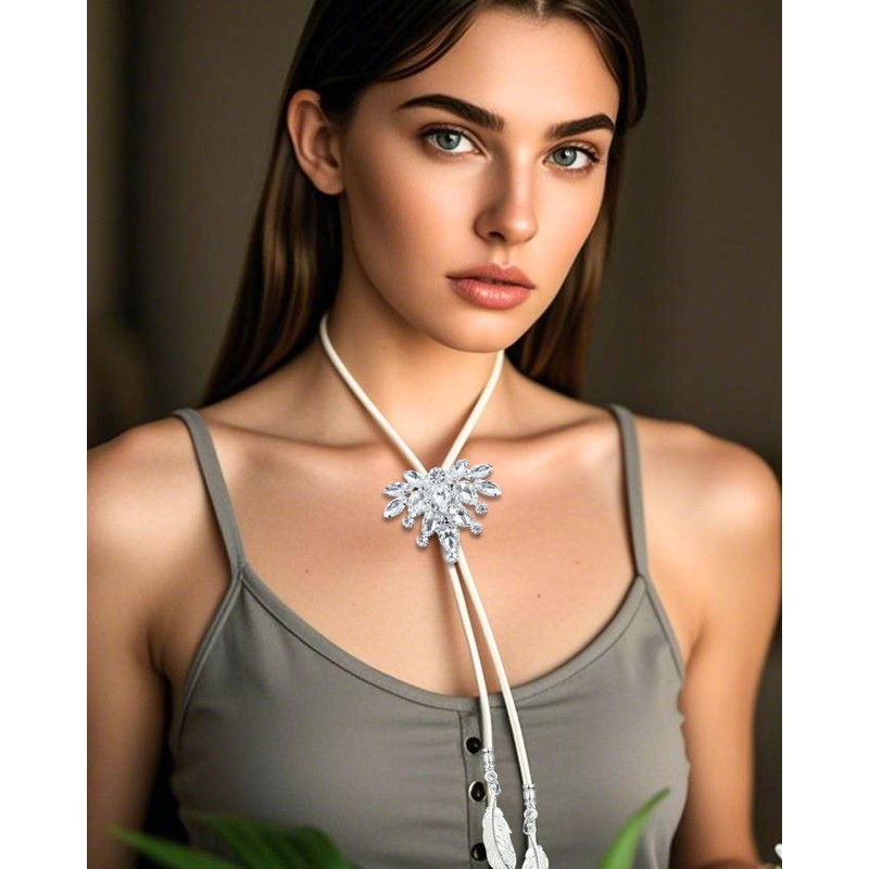PEARLY JUN Bolo Tie for Men Women Rhinestone Silver Flower