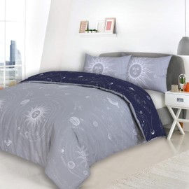 Charlotte Andersen Celestial Moon & Stars Duvet Cover Bedding Set - Polycotton, Reversible, Single/Double/King Size - Soft & Durable, Space Print (NAVY BLUE/GREY, Single)