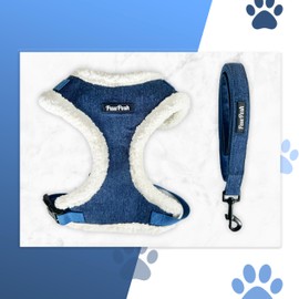 PawPosh Luxury Winter Warm Soft Padded Dog Harness and Leash Set - Denim Chic, No Pull, Complete Set - Medium, Blue and White