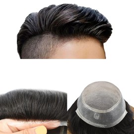 Toupee For Men Hair System For Men Poly Skin Around Fine Mono Transparent Mens Hairpiece Durable Monofilament Hair (8"X10", #1B Off Black-120% Medium Light to Medium Density)