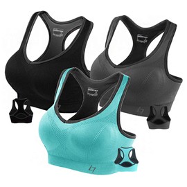 Fittin Womens Padded Sports Bras Wire Free with Removable Pads Grey/black/Blue ,L ,(Pack of 3)