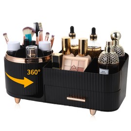 Growsun Makeup Organizer Countertop with Drawers 360 Rotating Makeup Brush Holder Large Capacity Skincare Organizer for Vanity, Black