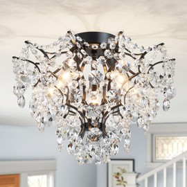 WUZUPS 5-Light Crystal Chandelier Flushmount Ceiling Light Modern Lighting Fixture for Bedroom Hallway Bar Kitchen Bathroom, H 12" W 15.4", E12 Base, Black