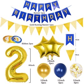 2nd Birthday Decorations Boy Girl, Gold and Blue 2 Year Old Birthday Decorations with Happy Birthday Banner, Triangle Flags, 40In Number 2 Foil Birthday Balloons, Star Balloons and 18Pcs 12In Balloons