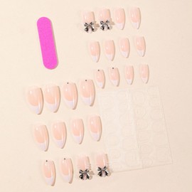 Kamize Almond Fake Nails White Press on Nails Full Cover Acrylic Medium Bow Fake Shiny Nails for Women and Girls 24PCS