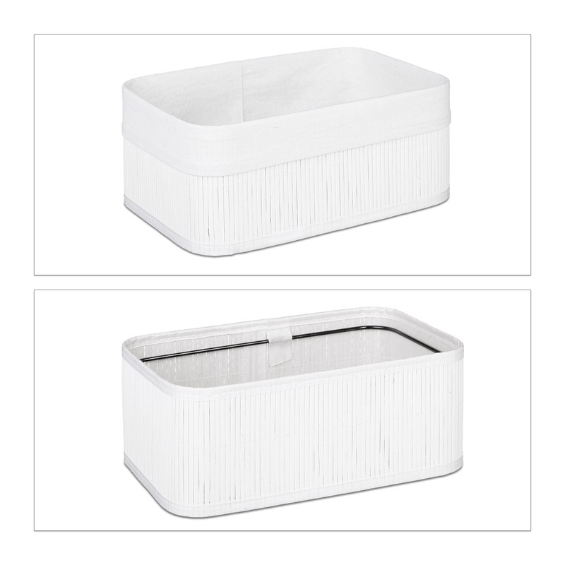 3 x Bamboo Storage Baskets, Fabric Cover, Shelf Basket, Rectangular,