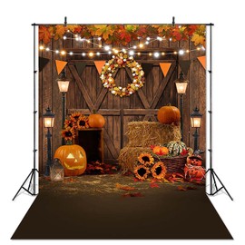 Avezano Fall Thanksgiving Photography Backdrop Autumn Pumpkin Harvest Barn Background Maple Leaves Rustic Wooden Door Garland Backdrops for Portrait Photoshoot Photo Studio (7x10ft)