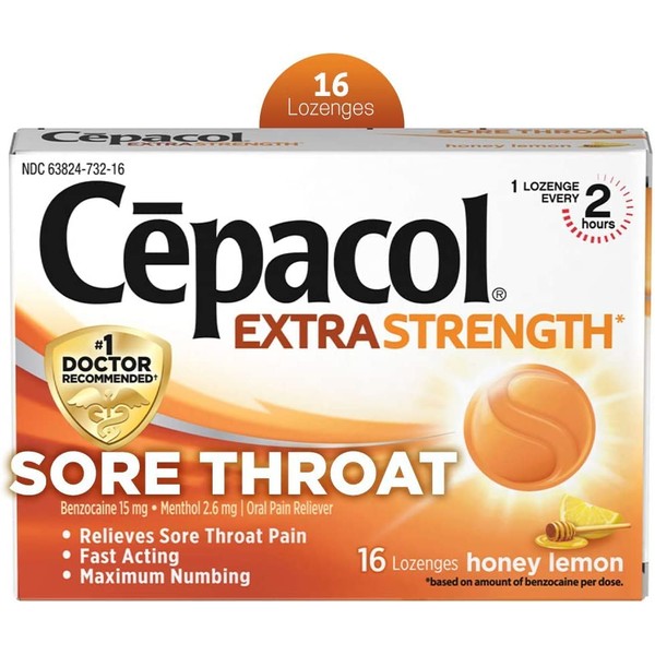 Cepacol Extra Strength Sore Throat Lozenges, Powerful Symptom Relief, Oral Pain Reliever, Honey Lemon, 16 Count (Pack of 1)