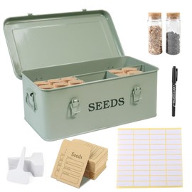 Xbopetda Seed Storage Organizer, 4 Compartment Seed Storage Box with Safety Lock, Metal Seed Box Seed Packet Container with 1 Pen, 12 Slots, 20 Plant Labels & 30 Seed Envelopes, Green Gardening Gift