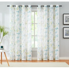Branch Semi Sheers Curtains Living-Room 84inch Long Yellow Teal Watercolor Print Tree Curtain Drapes for Bedroom Linen Textured Look Privacy White Sheer Window Panels for Dining Grommet Top 2pcs
