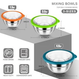 HaWare Mixing Bowls with Airtight Clear Lids, 6-Piece Stainless Steel Strong Nesting Bowls Set, Metal Salad Bowl for Cooking, Prepping, Baking, Serving & Food Storage, Size 4.6, 3, 1.5QT, Colorful
