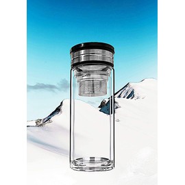 Sun's Tea 18oz Wide Mouth Ultra Clear Spill-proof Strong Double-wall 3-Piece Borrosilicate Glass Tumbler with Strainer and Lid (flat top lid)