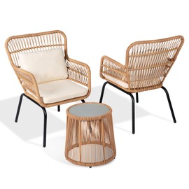 Tappio 3 Piece Outdoor Wicker Bistro Set, Patio Conversation Sets w/2 Large Rattan Chairs and Tempered Glass Table, Patio Furniture for Balcony, Porch, Poolside, Backyard, Beige