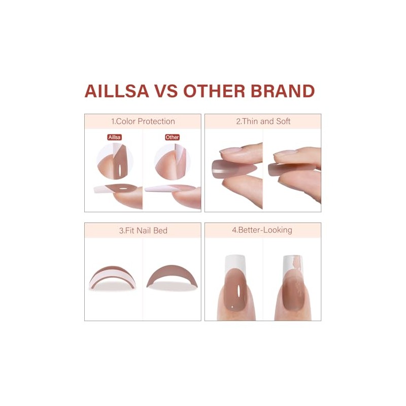 AILLSA Uñas Postizas Francesas de Gel, 180 Unidades, Largas, Cuadradas,
