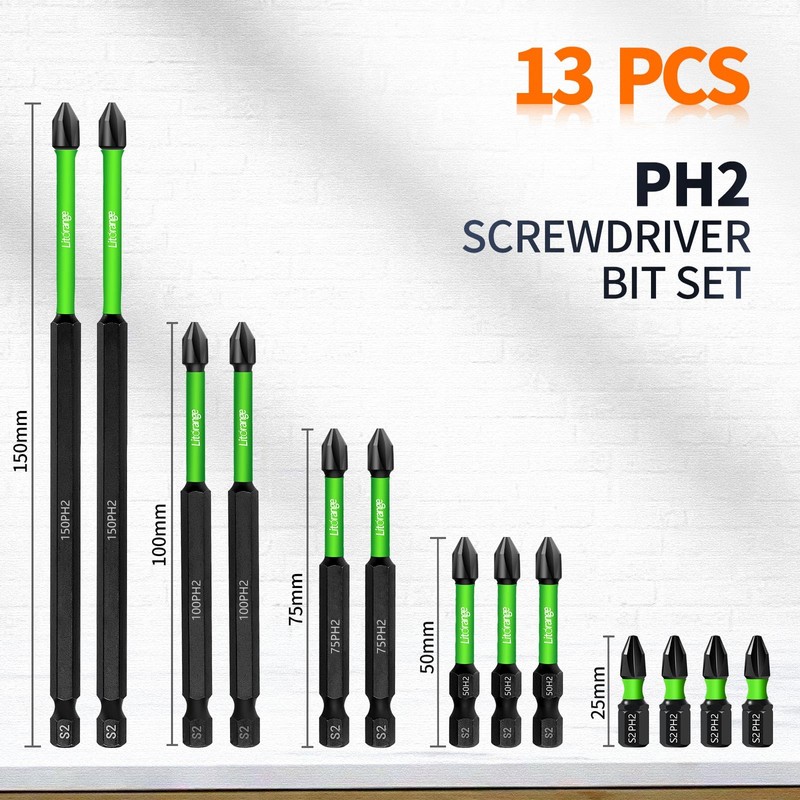Litorange 13Pcs PH2 Magnetic Impact Driver Bits, Heavy Duty Screwdriver